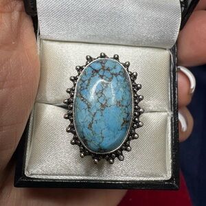 Turquoise Oval Statement Ring - Blue Turquoise Silver Accent